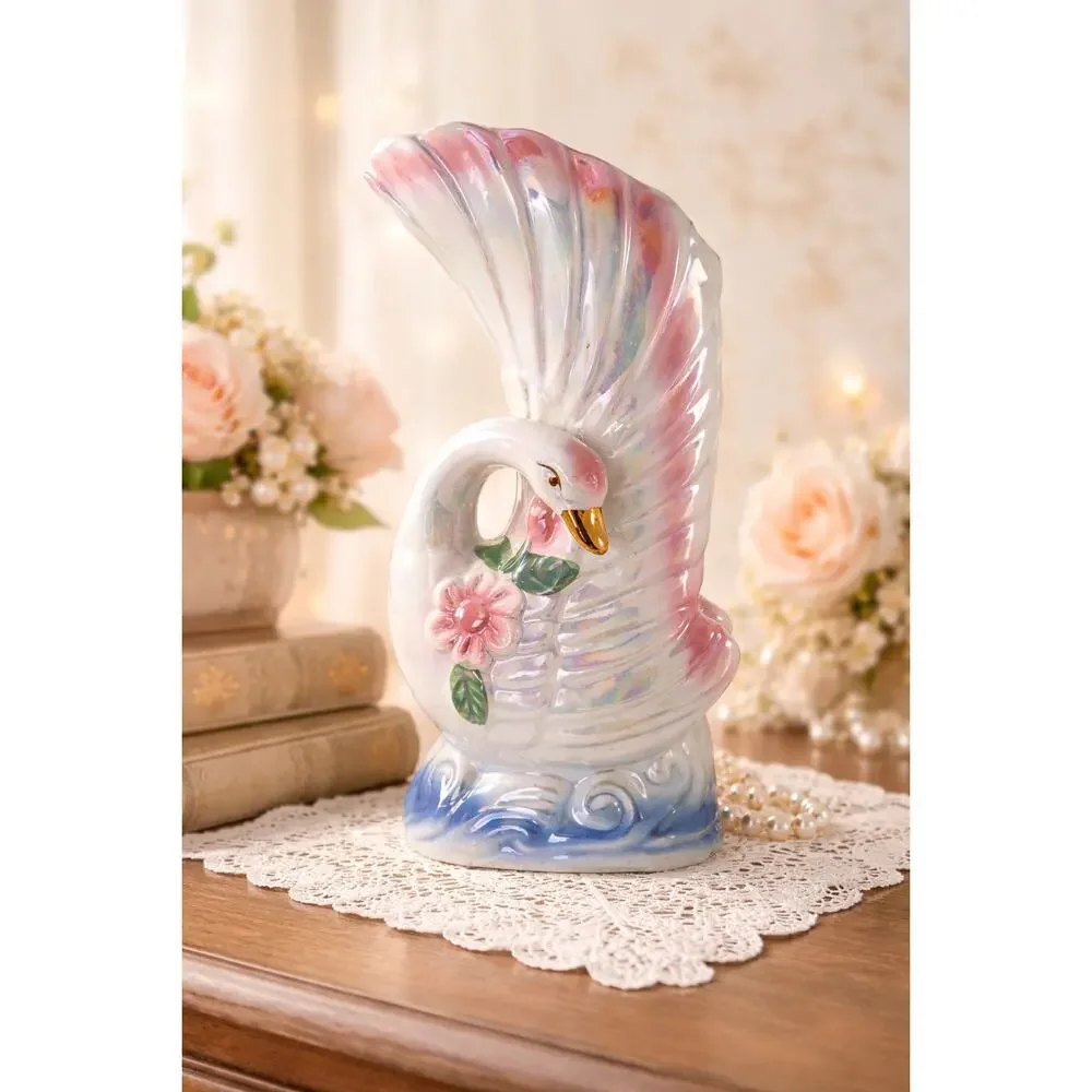 Vintage Iridescent Ceramic Swan Vase – Pink & Blue Floral Mid-Century Planter - Picture 8 of 8